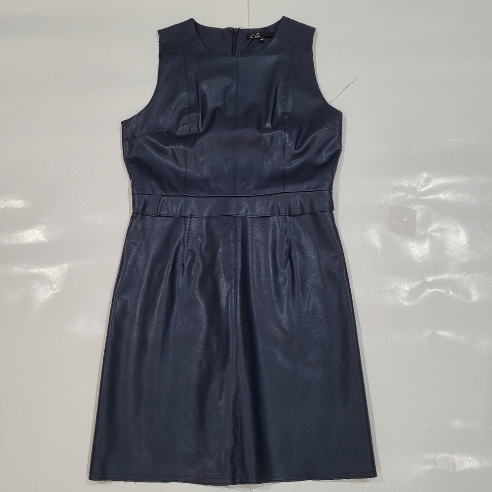Navy blue sleeveless faux leather dress